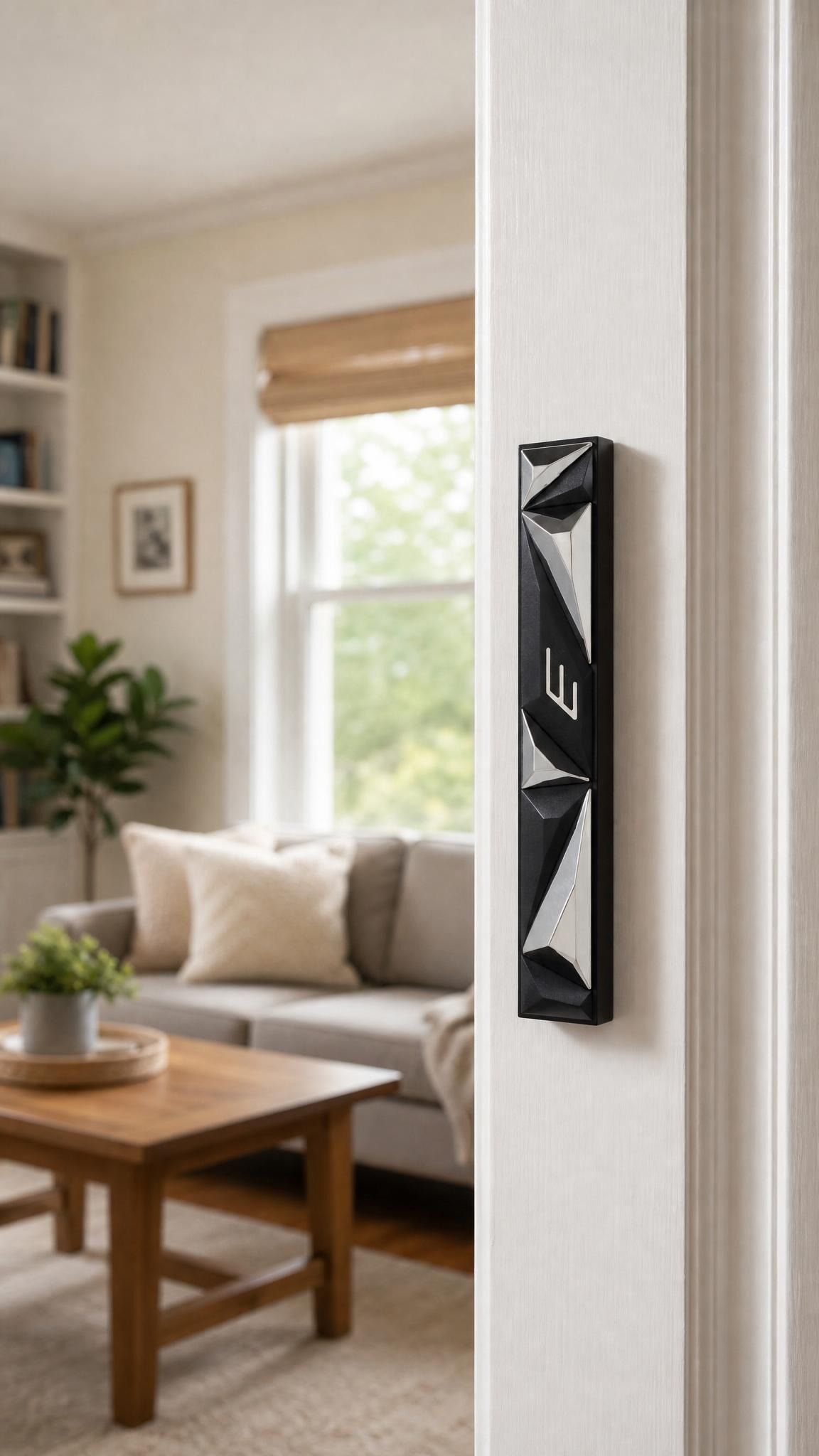 Indoor lifestyle image of the Cyber Prism Black Geometric Mezuzah mounted on a doorpost in a home entrance.