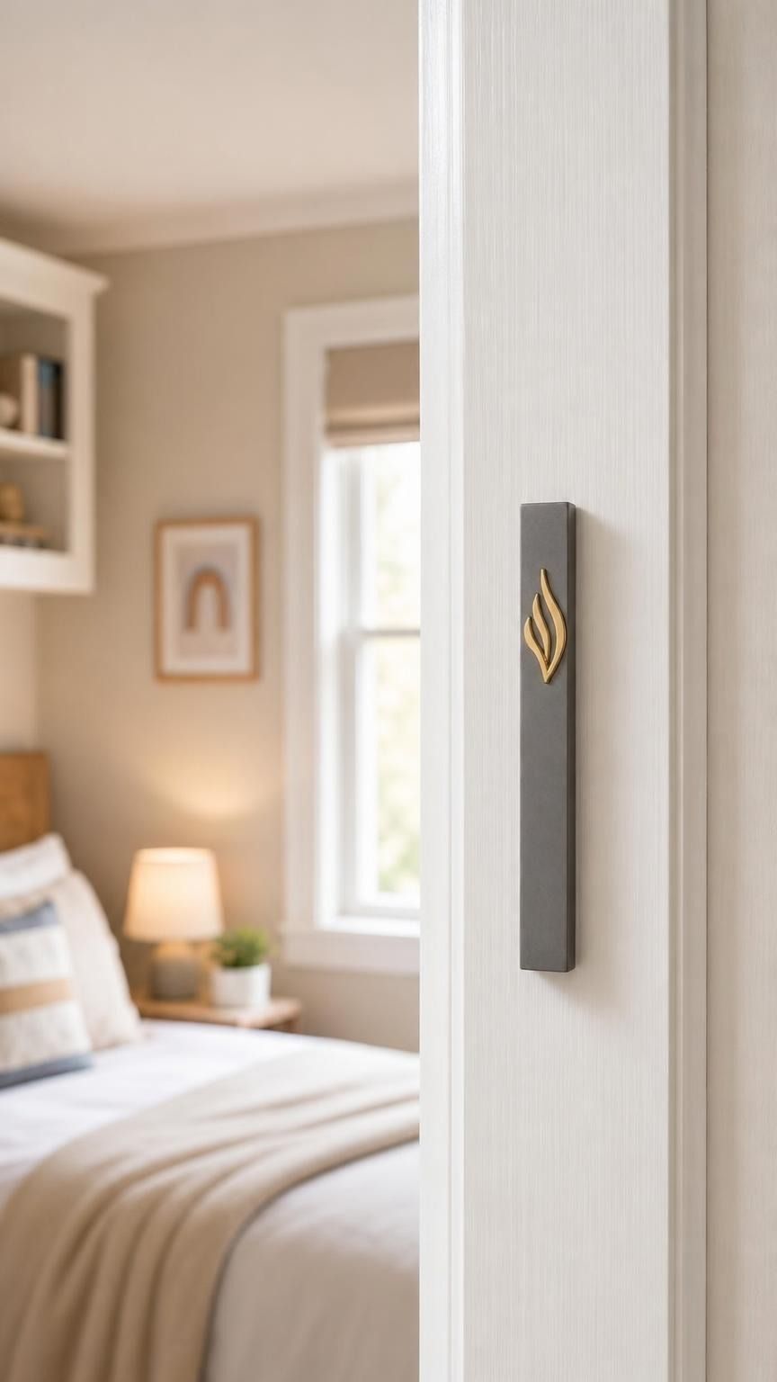 Vertical mounted Slim charcoal gray mezuzah case with gold three-part eternal flame and stylized Shin on right doorpost