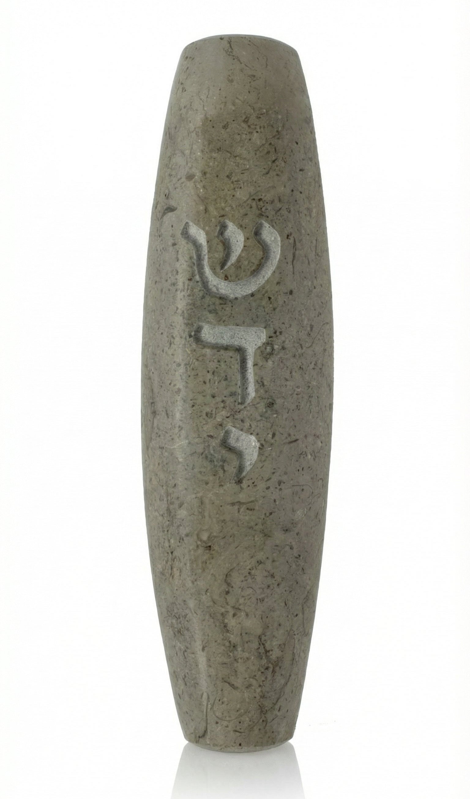 Handcrafted Jerusalem stone Mezuzah in gray with detailed Hebrew engraving, polished finish, placed on a white studio background with subtle reflection.