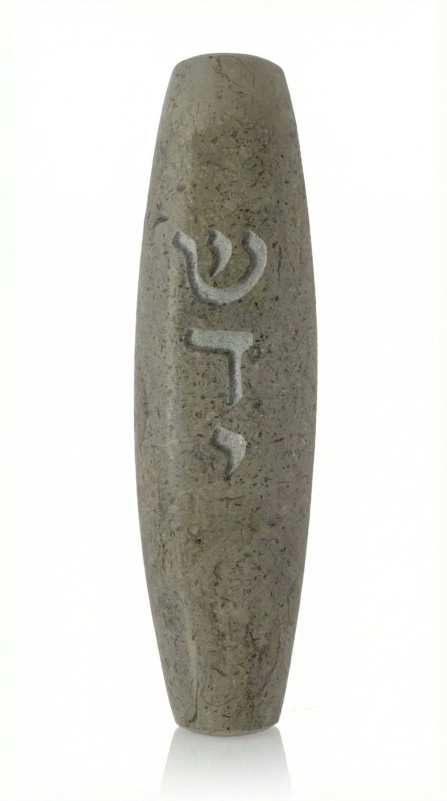 Handcrafted Jerusalem stone Mezuzah in gray with detailed Hebrew engraving, polished finish, placed on a white studio background with subtle reflection.