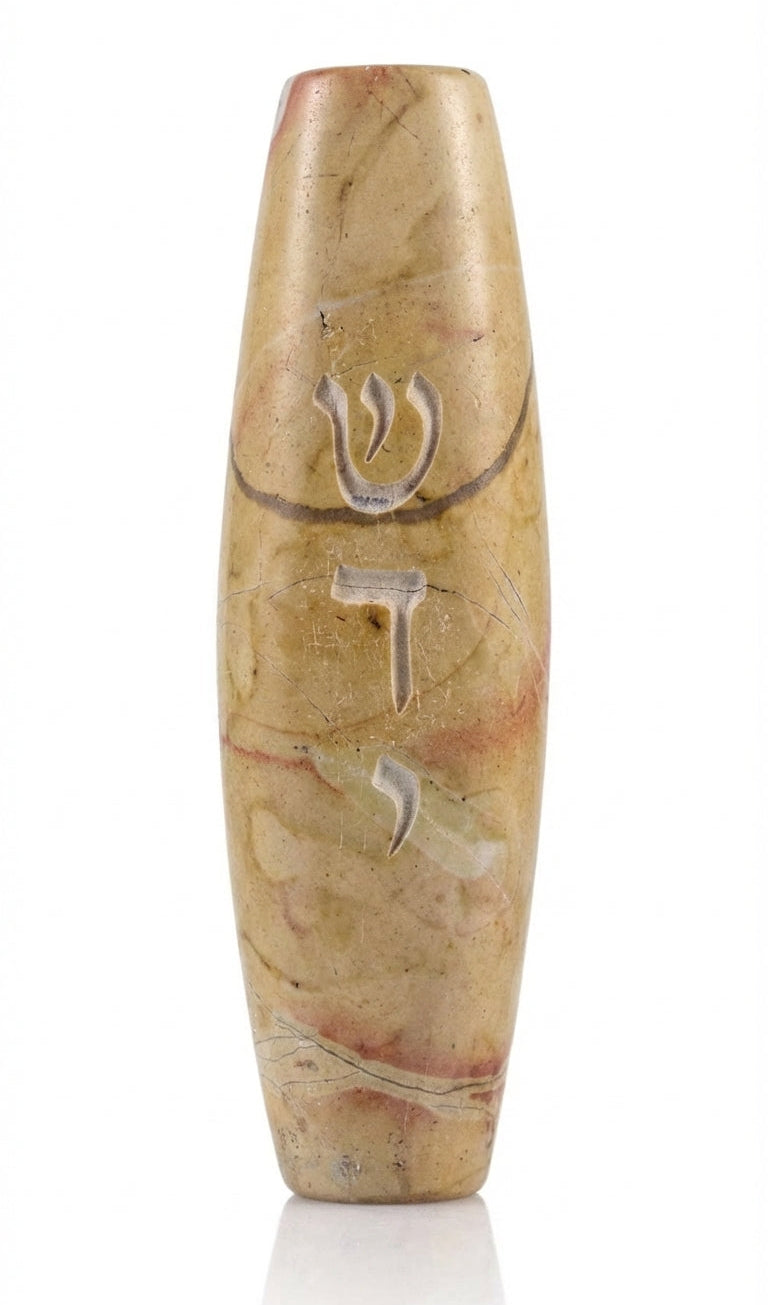 Natural Jerusalem stone mezuzah with sleek lines in a bright studio setting, emphasizing fine surface details, texture, and craftsmanship.
