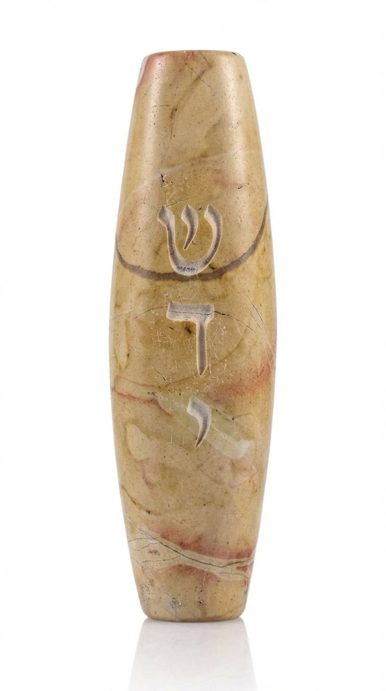 Natural Jerusalem stone mezuzah with sleek lines in a bright studio setting, emphasizing fine surface details, texture, and craftsmanship.
