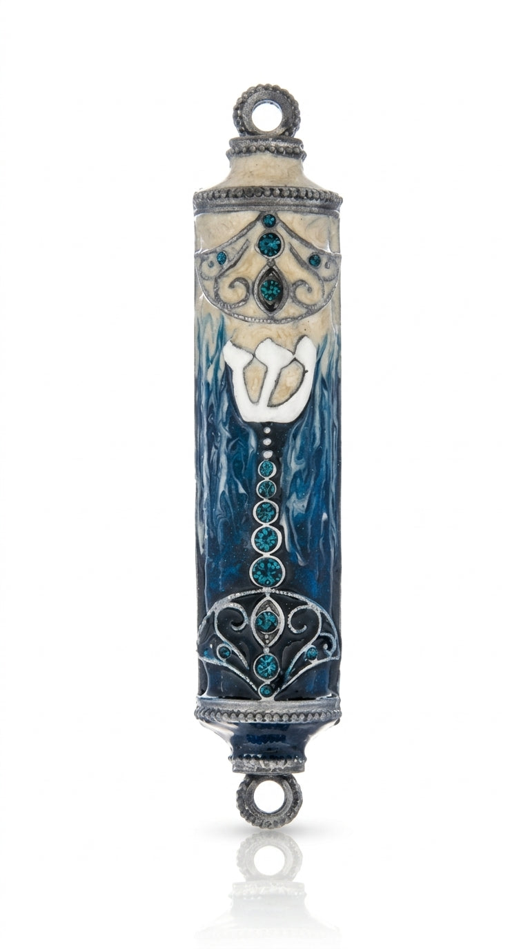 High-resolution image of a Riviera Mezuzah with detailed craftsmanship, clear Hebrew engravings, and a polished finish, displayed on a white studio background with soft reflection.