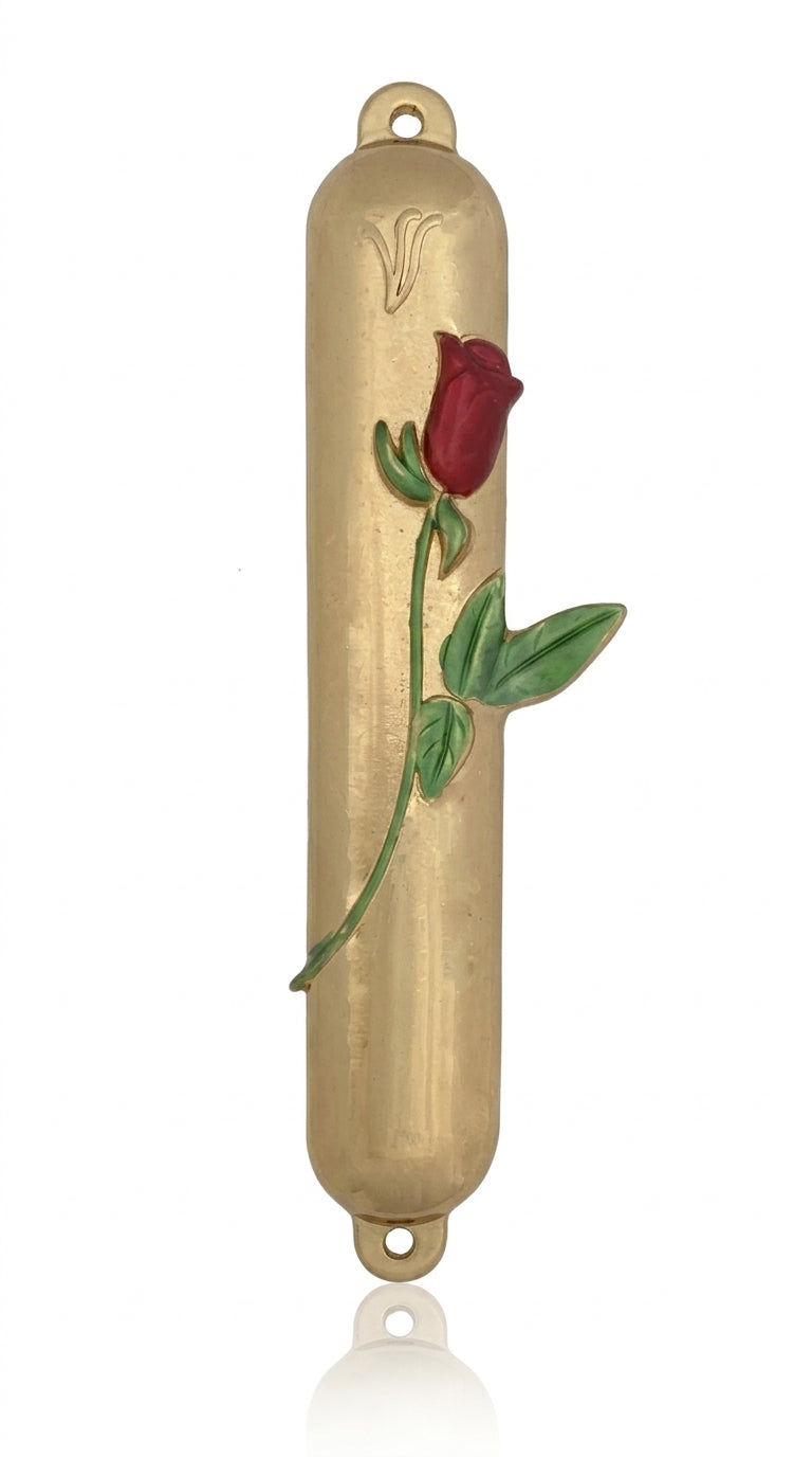 Elegant gold Rose Mezuzah made of pewter, 5 inches tall, with detailed Hebrew engraving and decorative motifs, displayed on a white background.