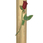 Elegant gold Rose Mezuzah made of pewter, 5 inches tall, with detailed Hebrew engraving and decorative motifs, displayed on a white background.