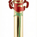 Elegant pewter Rose Mezuzah with hand-painted enamel design, measures 5 inches tall, designed for home doorways, with detailed Hebrew inscriptions.