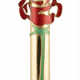 Elegant pewter Rose Mezuzah with hand-painted enamel design, measures 5 inches tall, designed for home doorways, with detailed Hebrew inscriptions.
