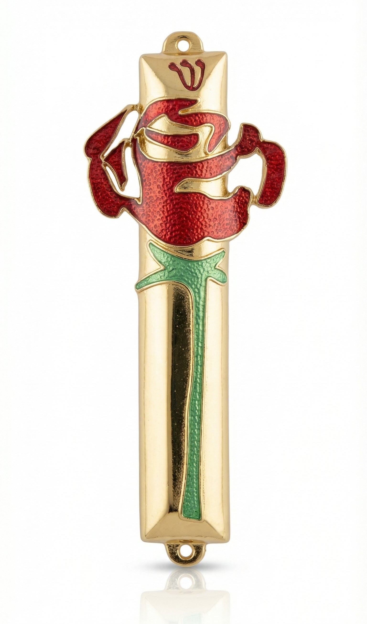 Elegant pewter Rose Mezuzah with hand-painted enamel design, measures 5 inches tall, designed for home doorways, with detailed Hebrew inscriptions.
