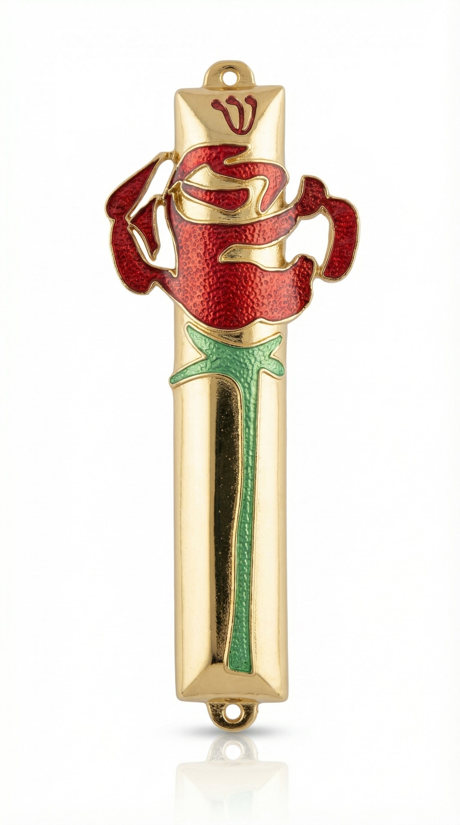 Elegant pewter Rose Mezuzah with hand-painted enamel design, measures 5 inches tall, designed for home doorways, with detailed Hebrew inscriptions.