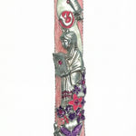 Elegant Rose Mitzva Mezuzah with open Torah scroll, girl figure, vivid pink and purple flowers, and sparkly sequins, for home blessing.