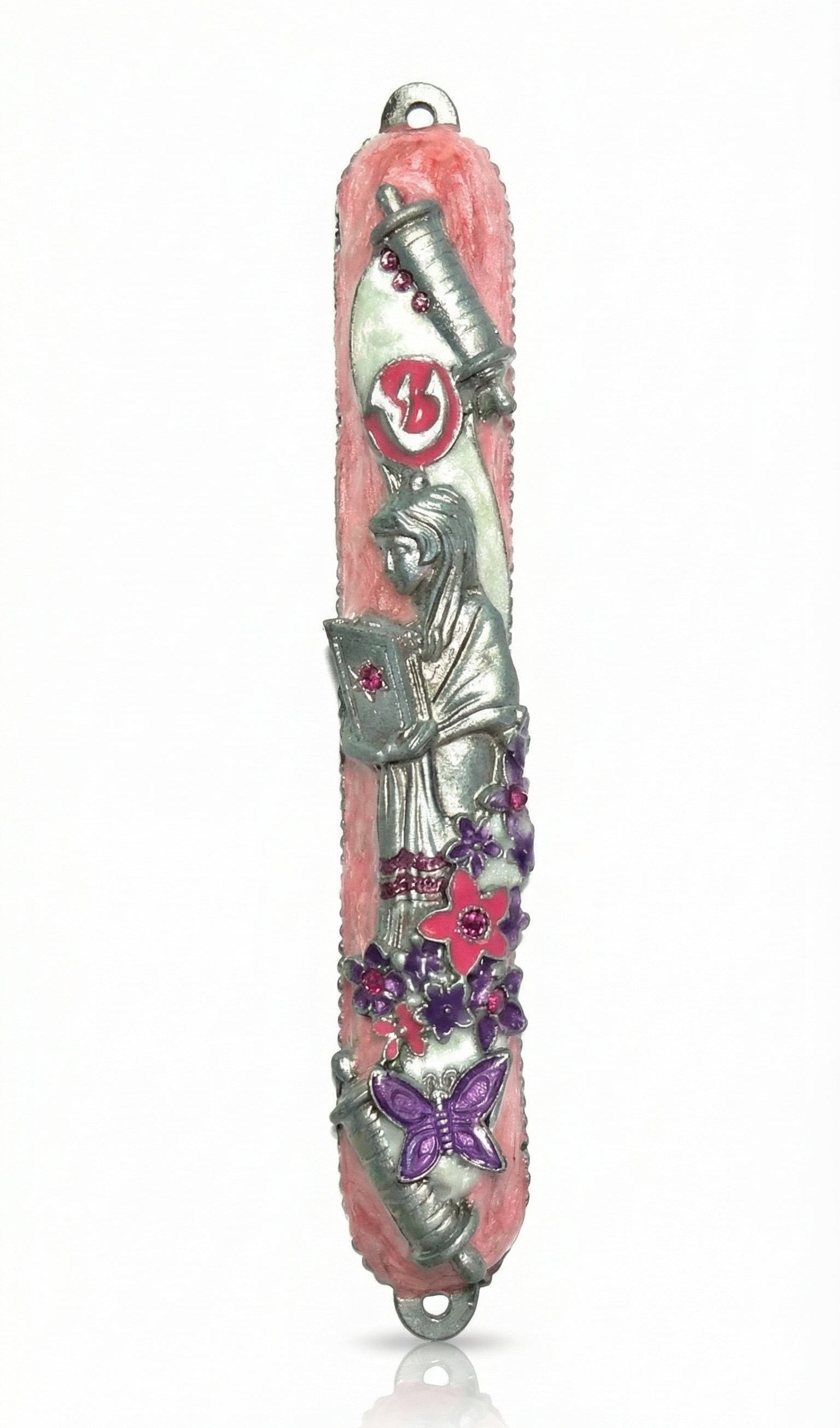 Elegant Rose Mitzva Mezuzah with open Torah scroll, girl figure, vivid pink and purple flowers, and sparkly sequins, for home blessing.