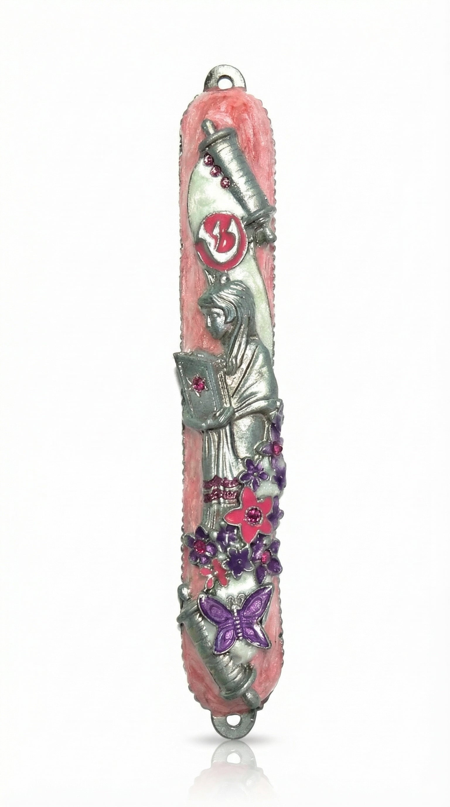 Elegant Rose Mitzva Mezuzah with open Torah scroll, girl figure, vivid pink and purple flowers, and sparkly sequins, for home blessing.