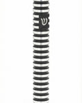 Grooved Cylinder black aluminum mezuzah case on white with polished silver rings, a high-contrast round body, and a silver Hebrew Shin