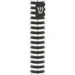 Grooved Cylinder black aluminum mezuzah case on white with polished silver rings, a high-contrast round body, and a silver Hebrew Shin