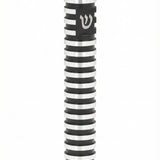 Grooved Cylinder black aluminum mezuzah case on white with polished silver rings, a high-contrast round body, and a silver Hebrew Shin