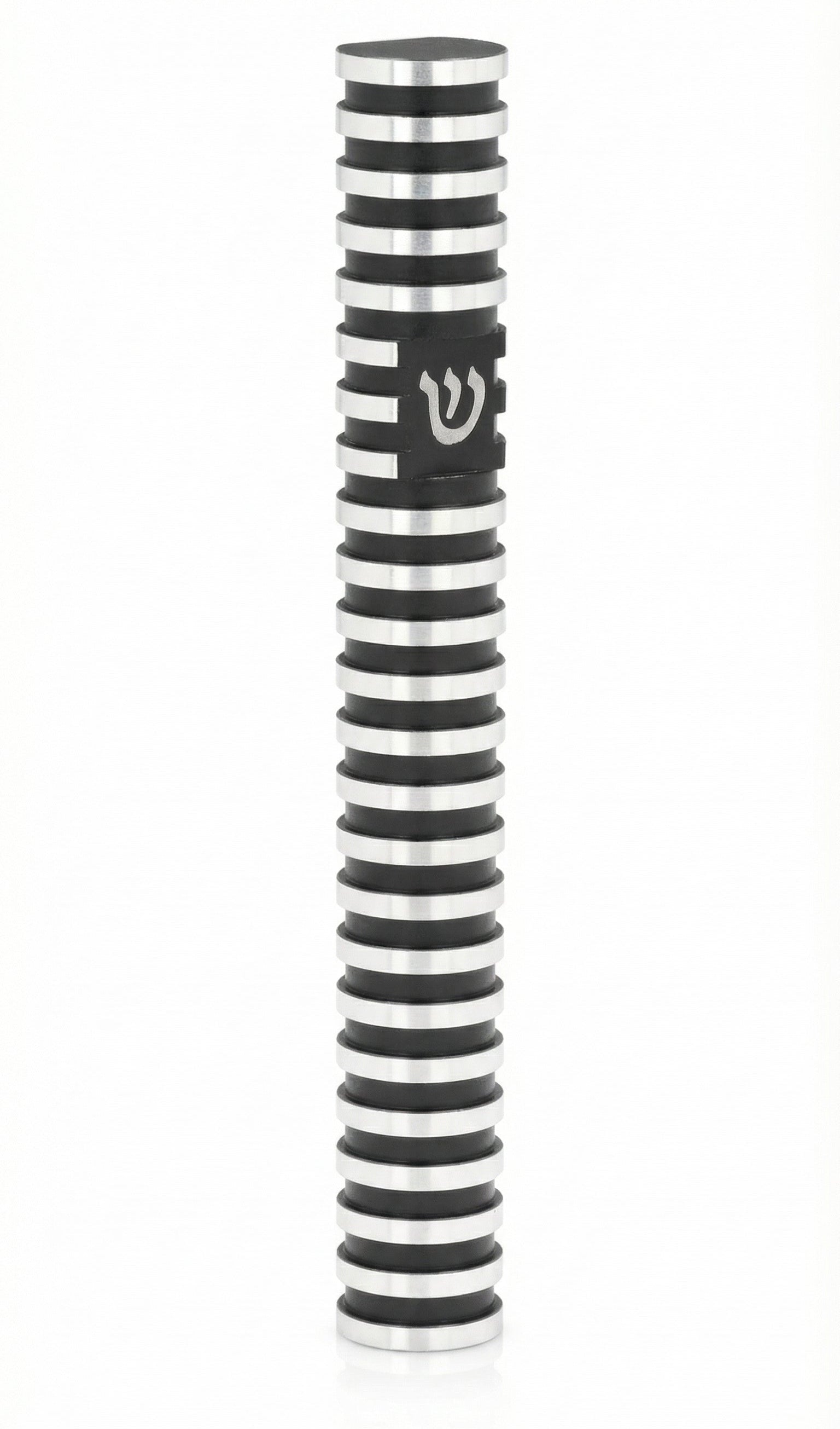 Grooved Cylinder black aluminum mezuzah case on white with polished silver rings, a high-contrast round body, and a silver Hebrew Shin