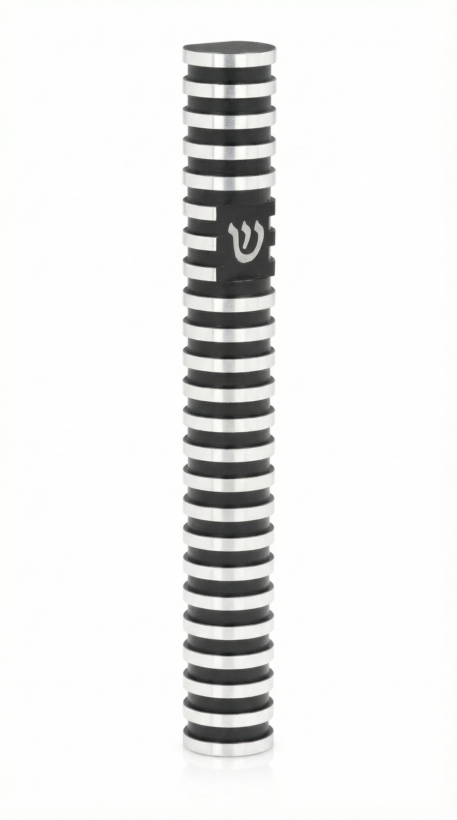 Grooved Cylinder black aluminum mezuzah case on white with polished silver rings, a high-contrast round body, and a silver Hebrew Shin