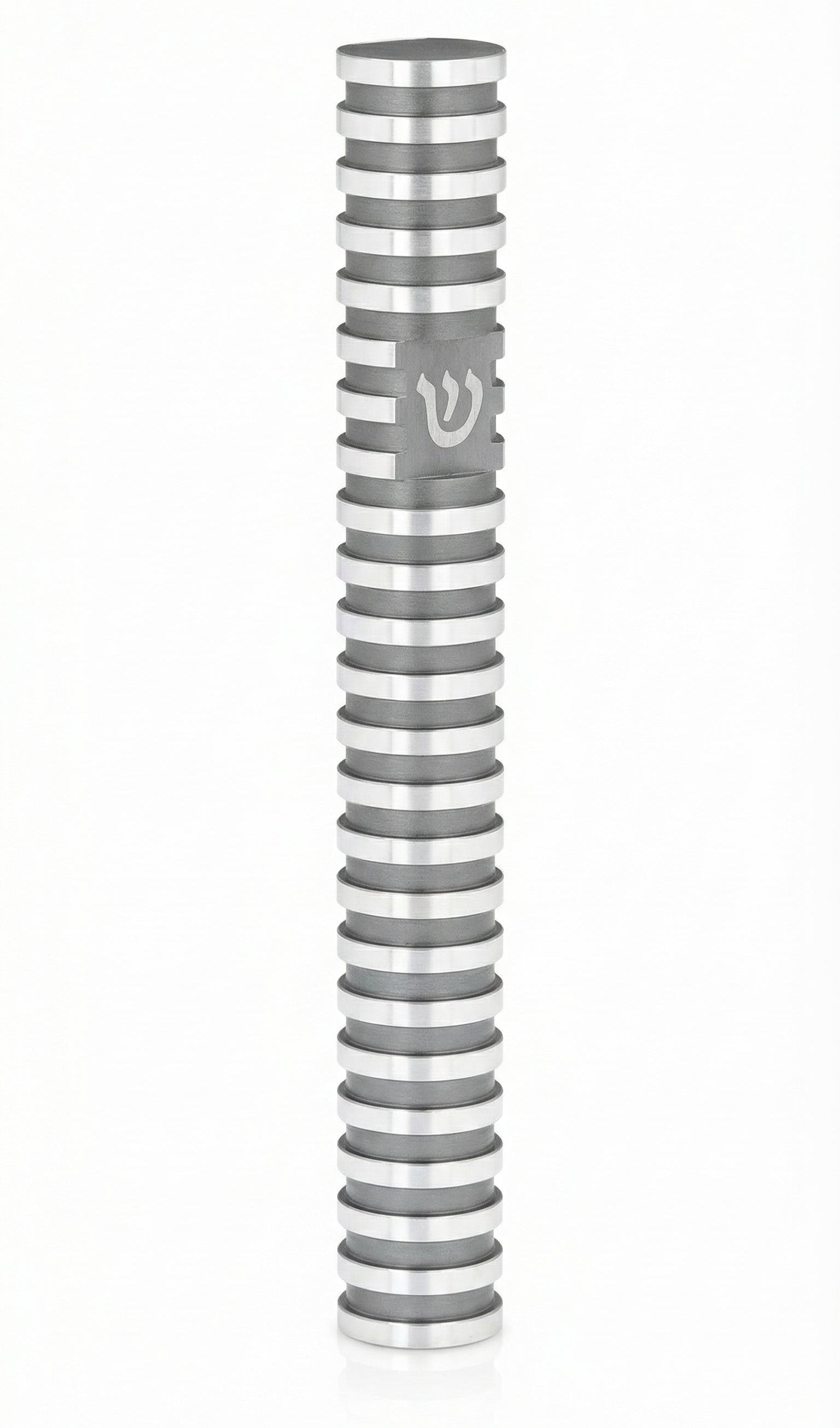Elegant round gray aluminum mezuzah case with grooved design, suitable for outdoor use, featuring a screw cap and strong mounting tape for home doors