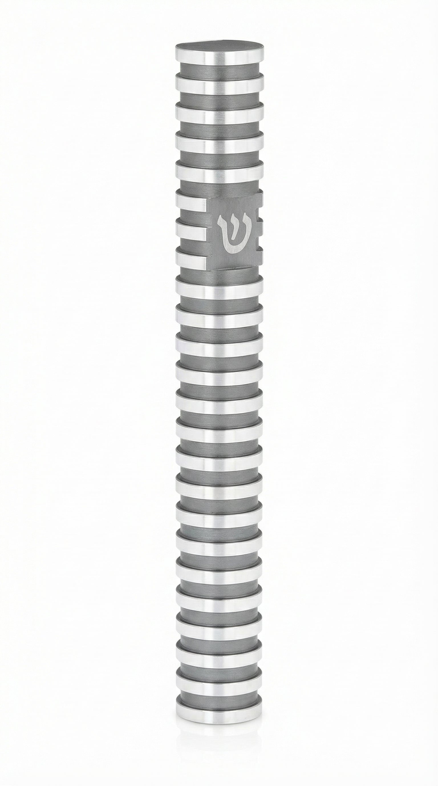 Elegant round gray aluminum mezuzah case with grooved design, suitable for outdoor use, featuring a screw cap and strong mounting tape for home doors