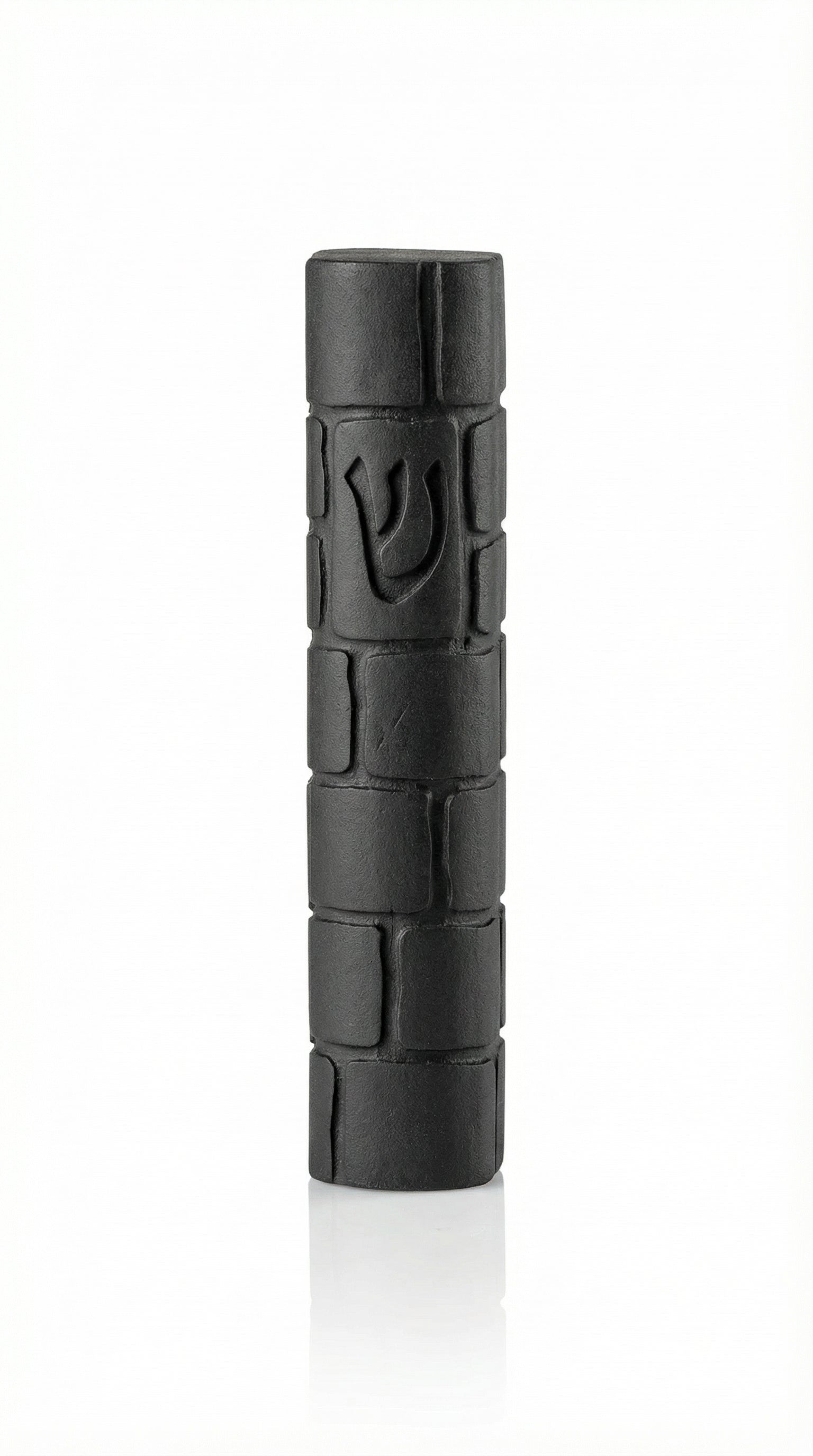 Cement mezuzah measuring 6 inches tall with Hebrew inscriptions, designed for affixing on homes with strong mounting tape, includes optional scroll.
