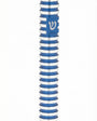 Sleek round blue grooved aluminum mezuzah with screw cap, designed for outdoor use, shown on a white studio background with subtle reflection.