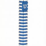 Sleek round blue grooved aluminum mezuzah with screw cap, designed for outdoor use, shown on a white studio background with subtle reflection.