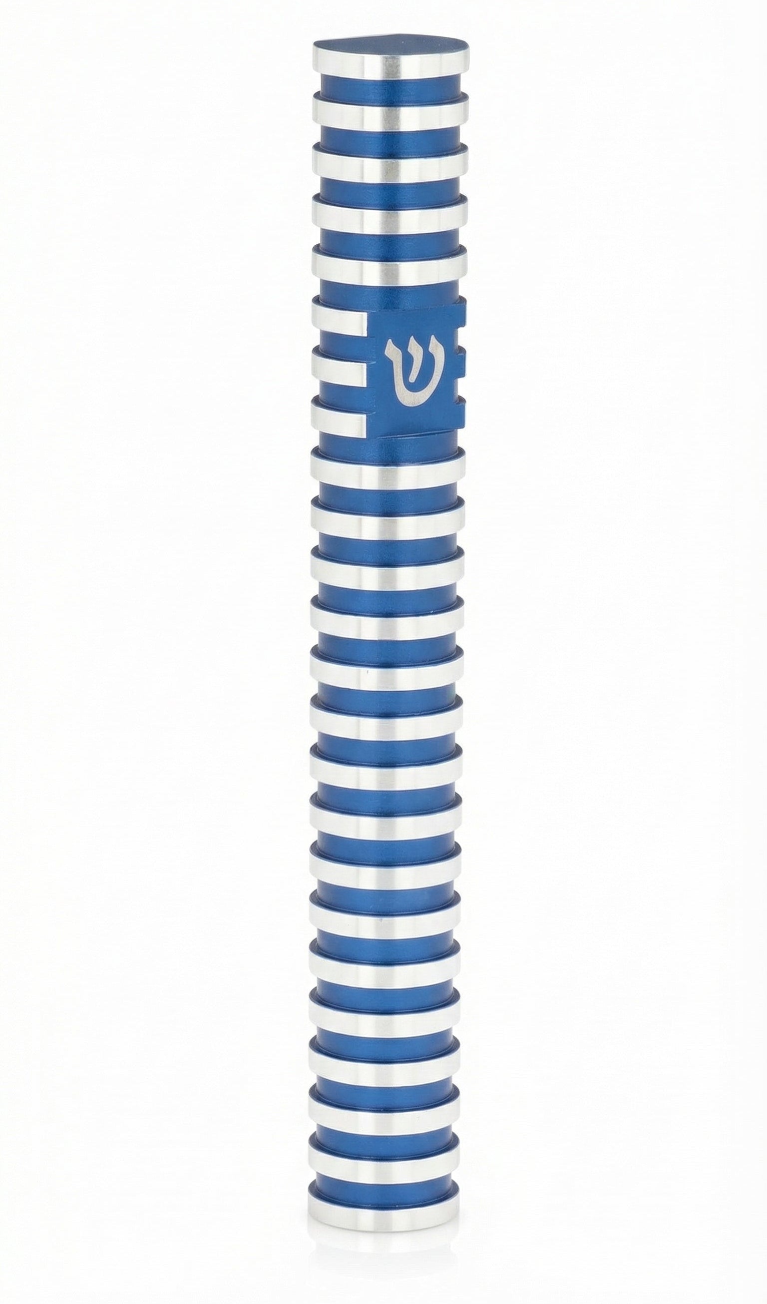 Sleek round blue grooved aluminum mezuzah with screw cap, designed for outdoor use, shown on a white studio background with subtle reflection.