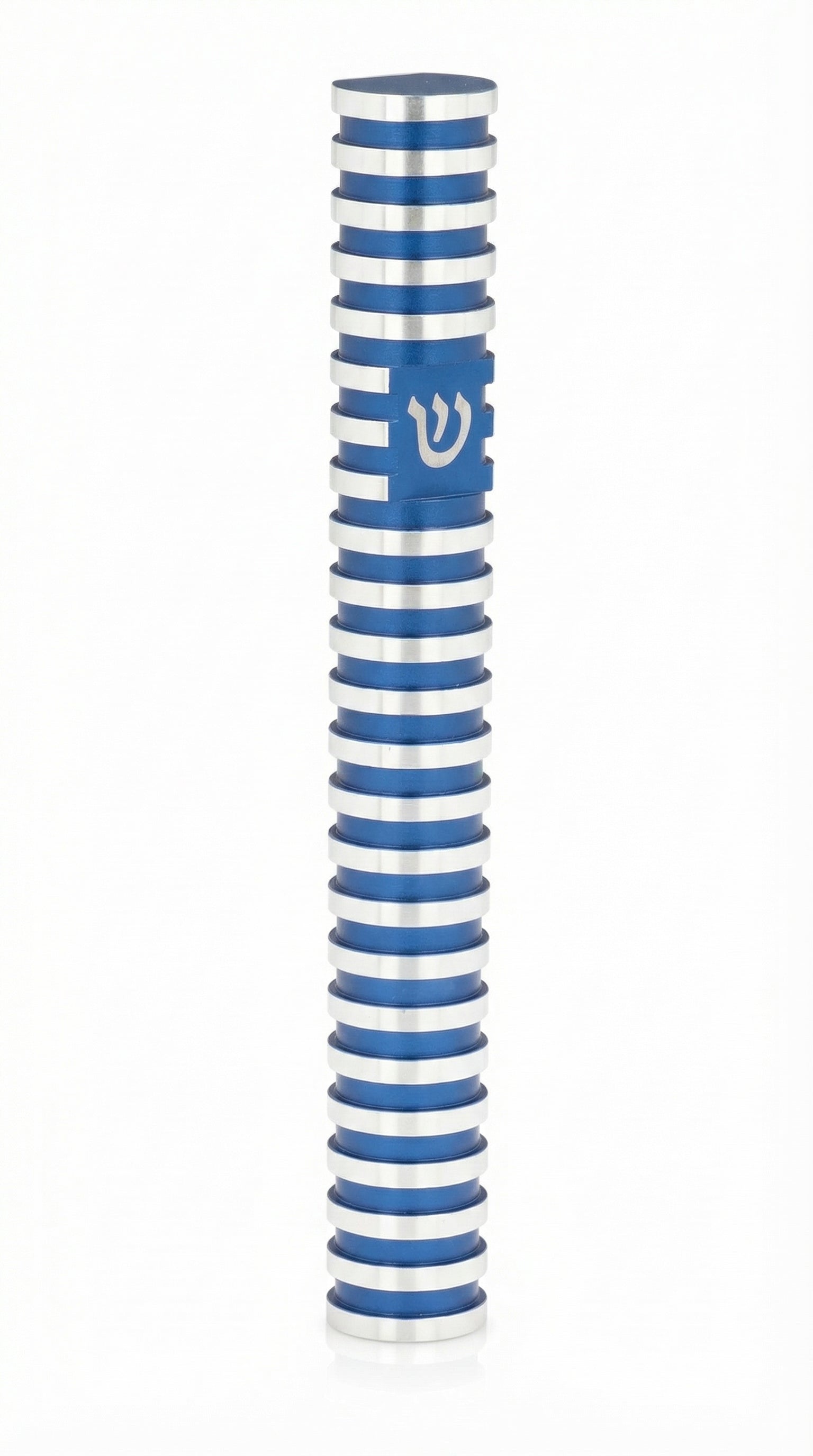 Sleek round blue grooved aluminum mezuzah with screw cap, designed for outdoor use, shown on a white studio background with subtle reflection.