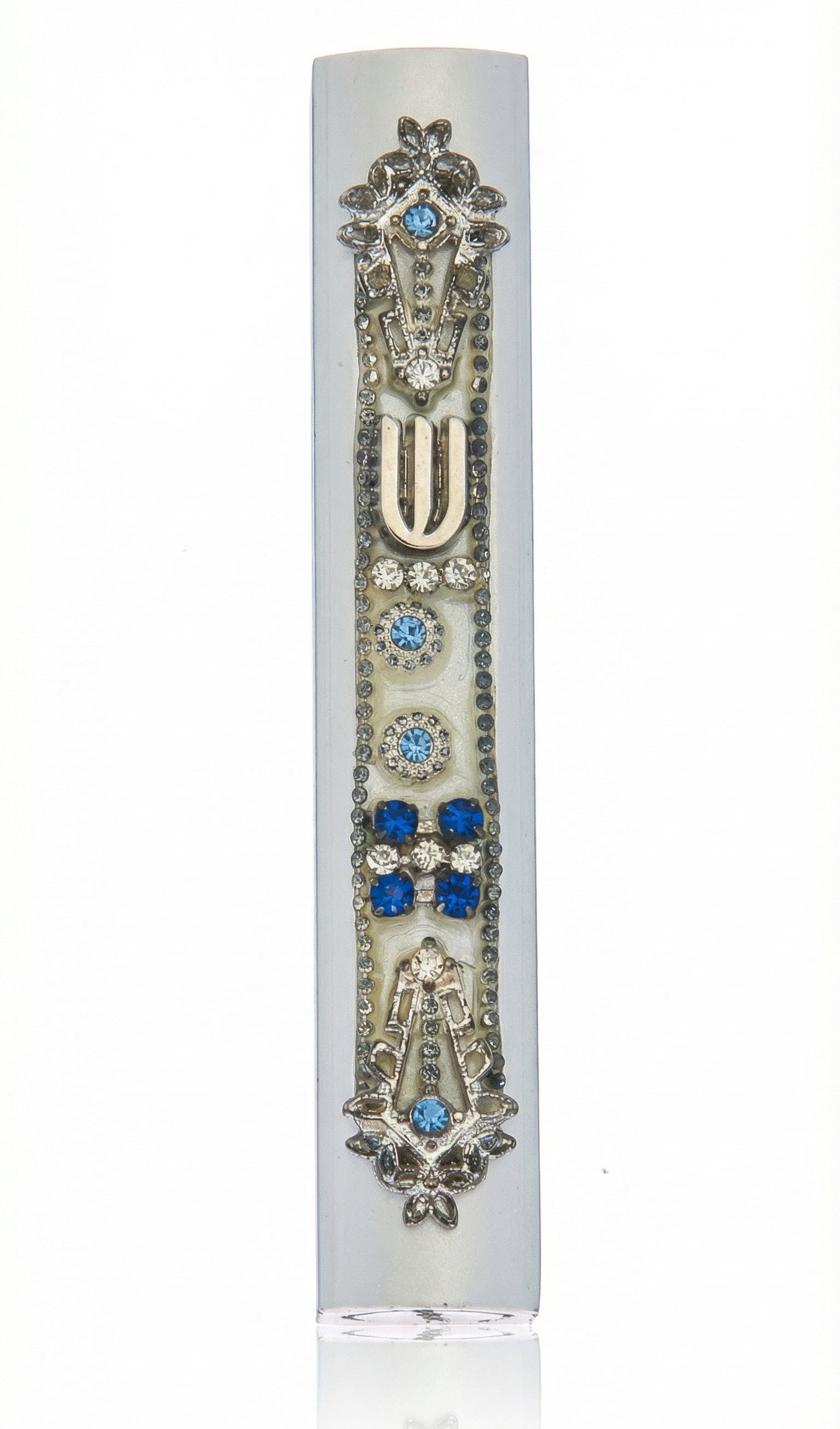Petite regal Mezuzah with blue embellishments on a metal base, displayed on a white studio background with soft reflection, detailed craftsmanship.