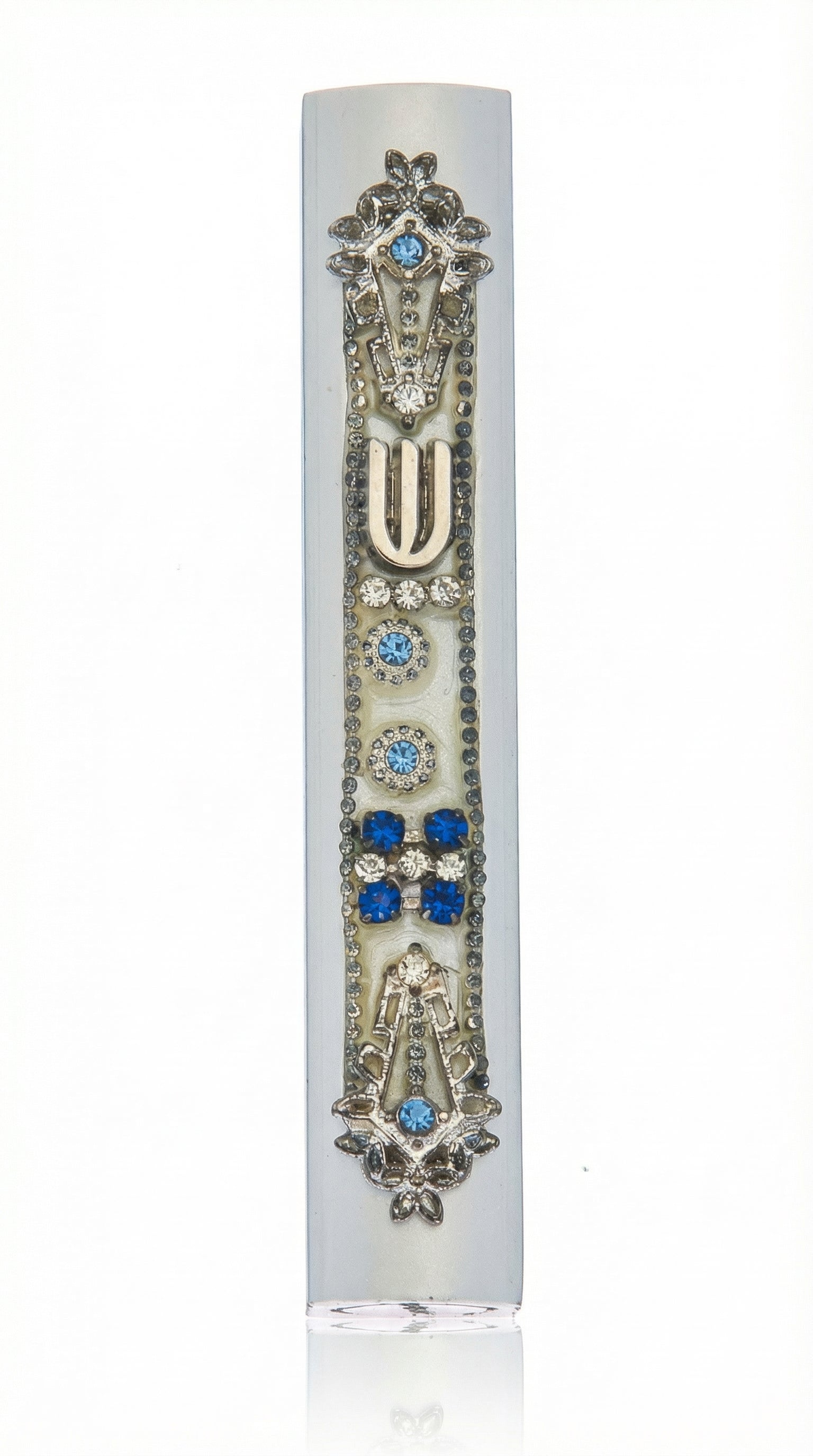Royal Mezuzah in silver pewter with blue and clear crystal embellishments and a Hebrew Shin.