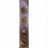 Precise, high-resolution image of a royal purple brass Mezuzah with Hebrew inscriptions on a white studio background with soft reflection.