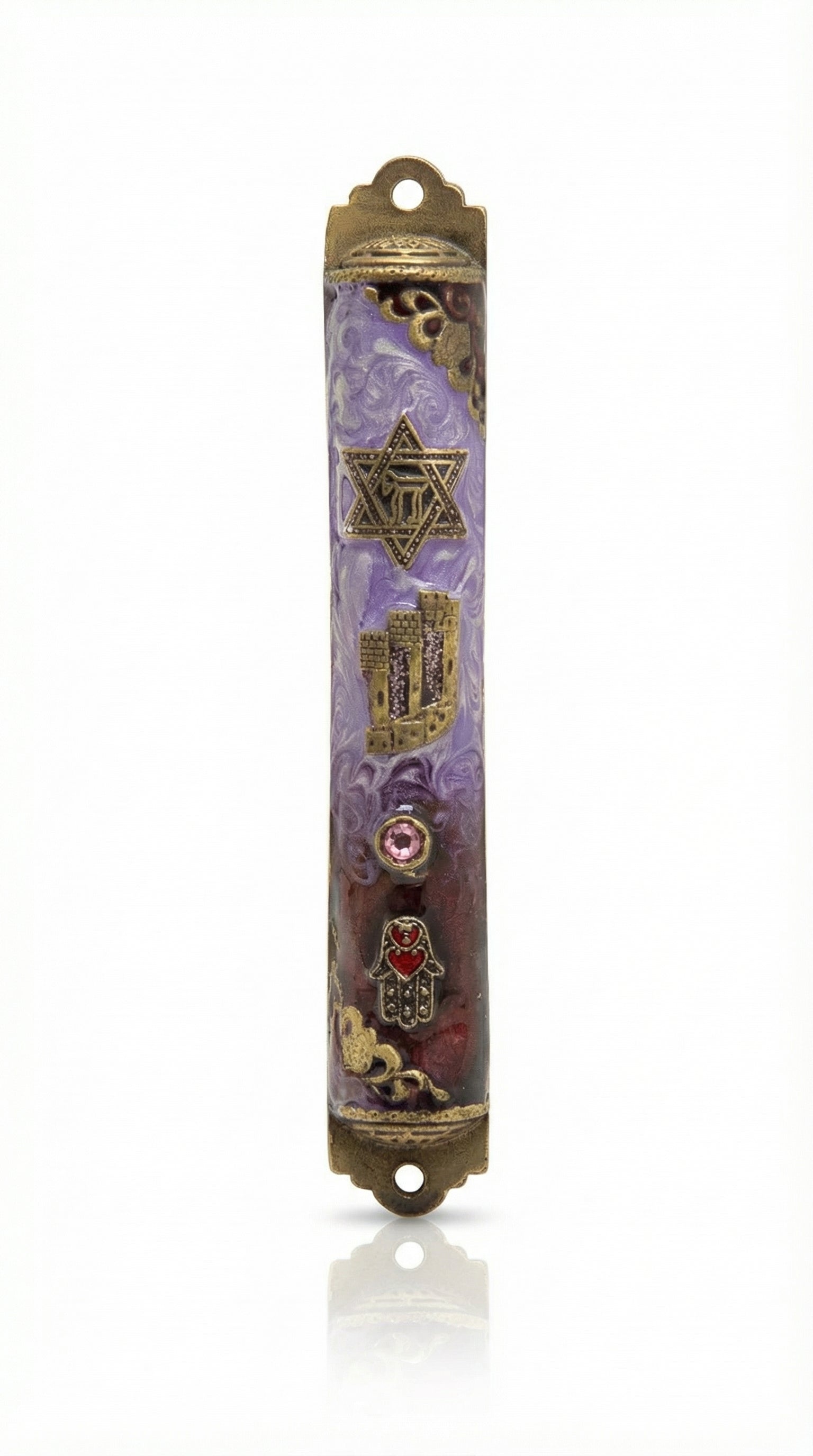 Precise, high-resolution image of a royal purple brass Mezuzah with Hebrew inscriptions on a white studio background with soft reflection.