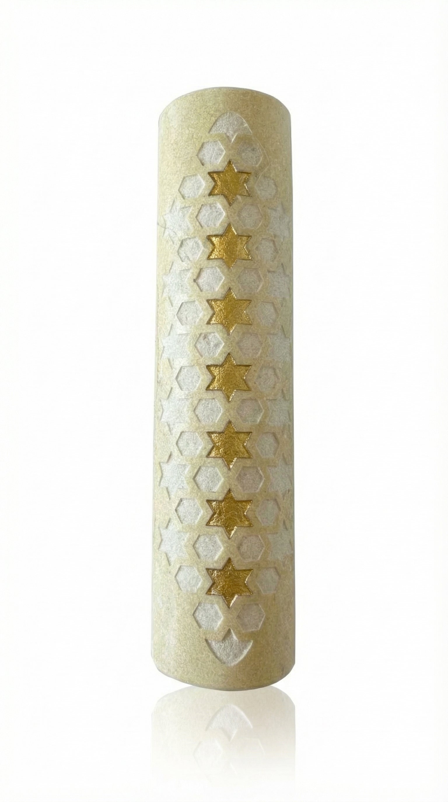 Handcrafted Jerusalem stone mezuzah with Star of David, detailed surface with texture variations, in a bright studio setting with light reflection.