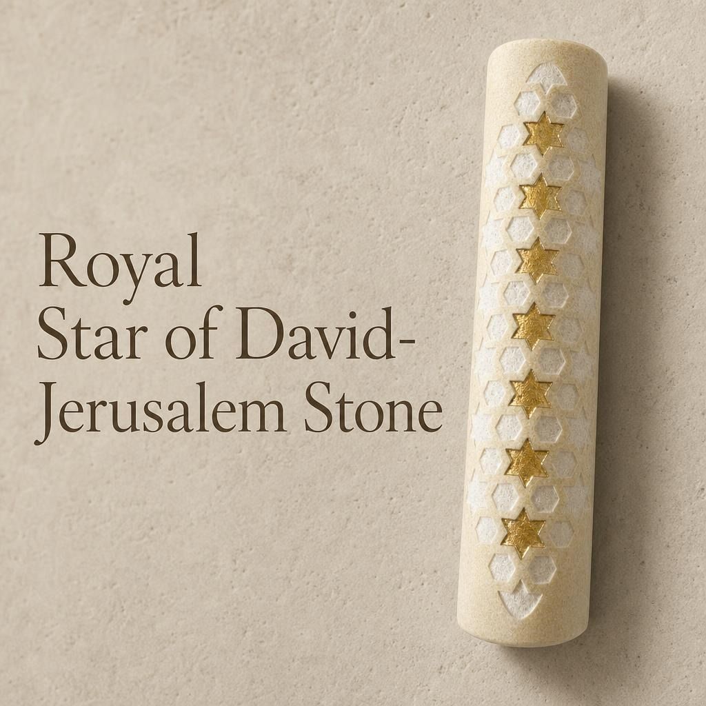 Premium Jerusalem stone mezuzah displayed on a clean background with soft shadow and neutral tones
