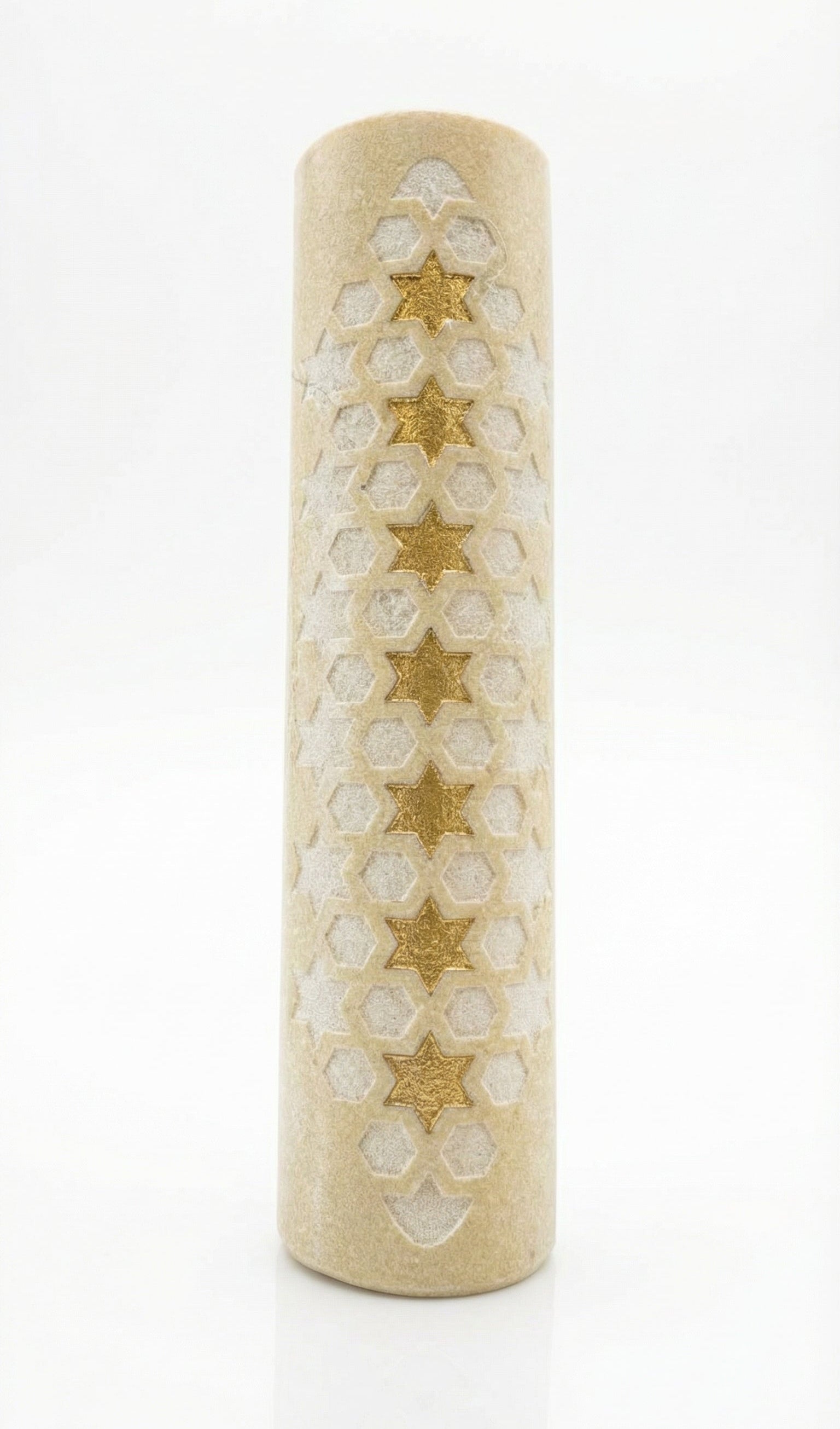 Handcrafted Jerusalem stone Mezuzah with Star of David symbol, detailed surface with natural textures, in a bright studio setting with soft reflection.