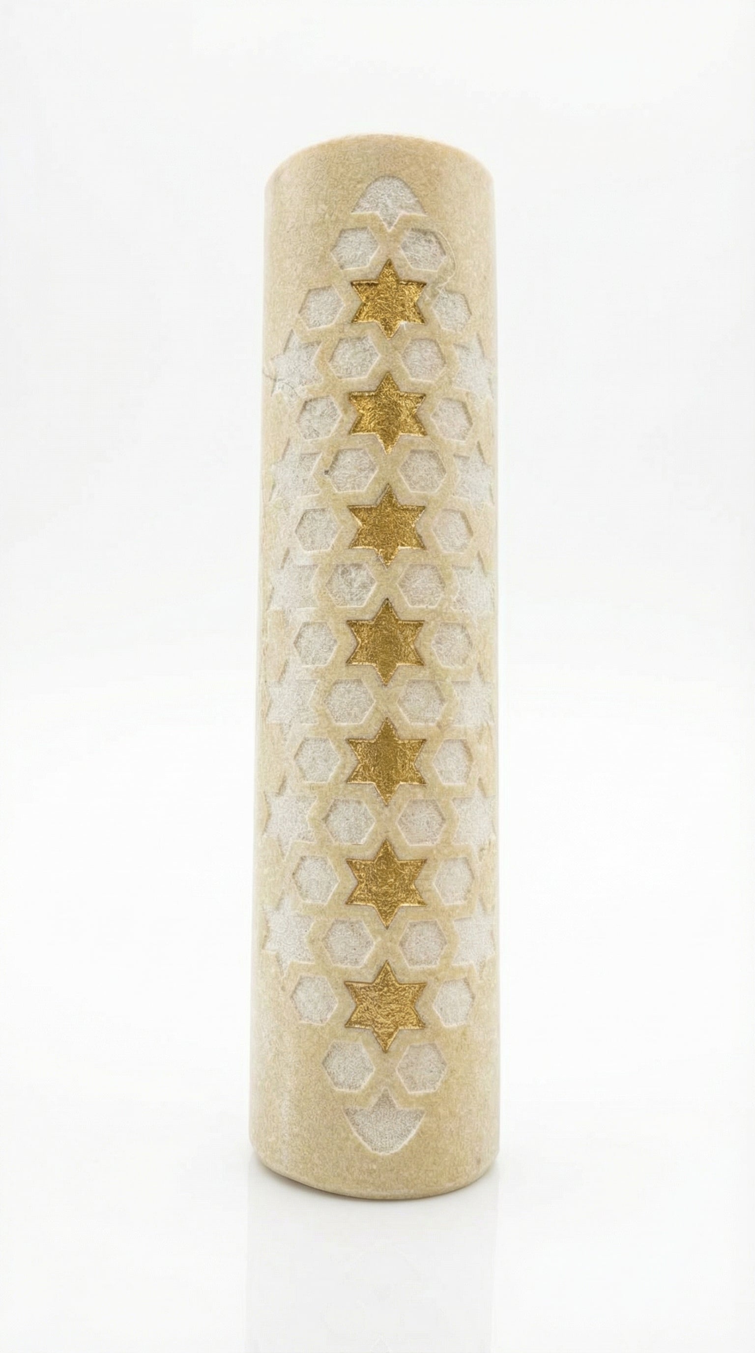 Handcrafted Jerusalem stone Mezuzah with Star of David symbol, detailed surface with natural textures, in a bright studio setting with soft reflection.