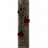 Pomegranate Blessings Mezuzah made in Israel with silver pewter, brass trim, deep red enamel pomegranates, red jewels, a Shin and Magen David