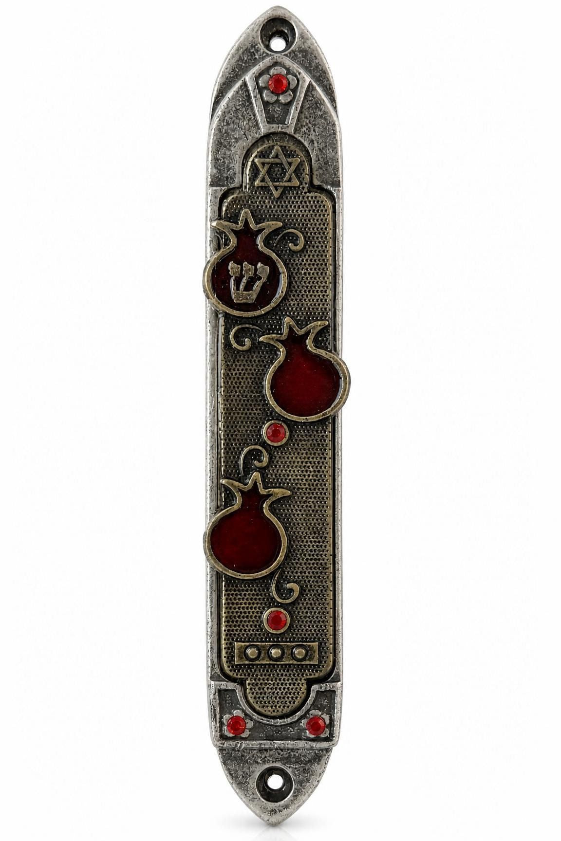 Pomegranate Blessings Mezuzah made in Israel with silver pewter, brass trim, deep red enamel pomegranates, red jewels, a Shin and Magen David