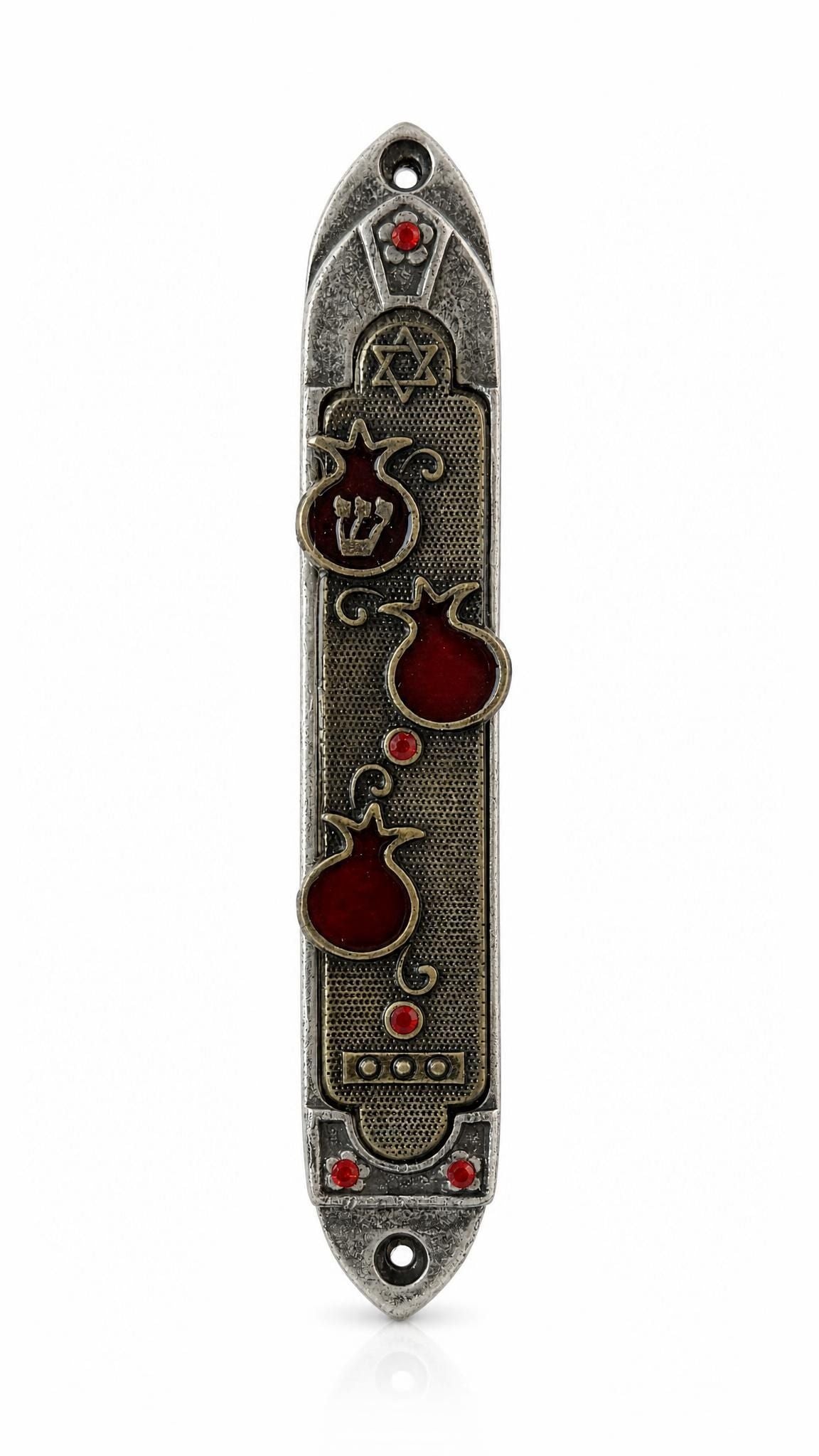 Pomegranate Blessings Mezuzah made in Israel with silver pewter, brass trim, deep red enamel pomegranates, red jewels, a Shin and Magen David