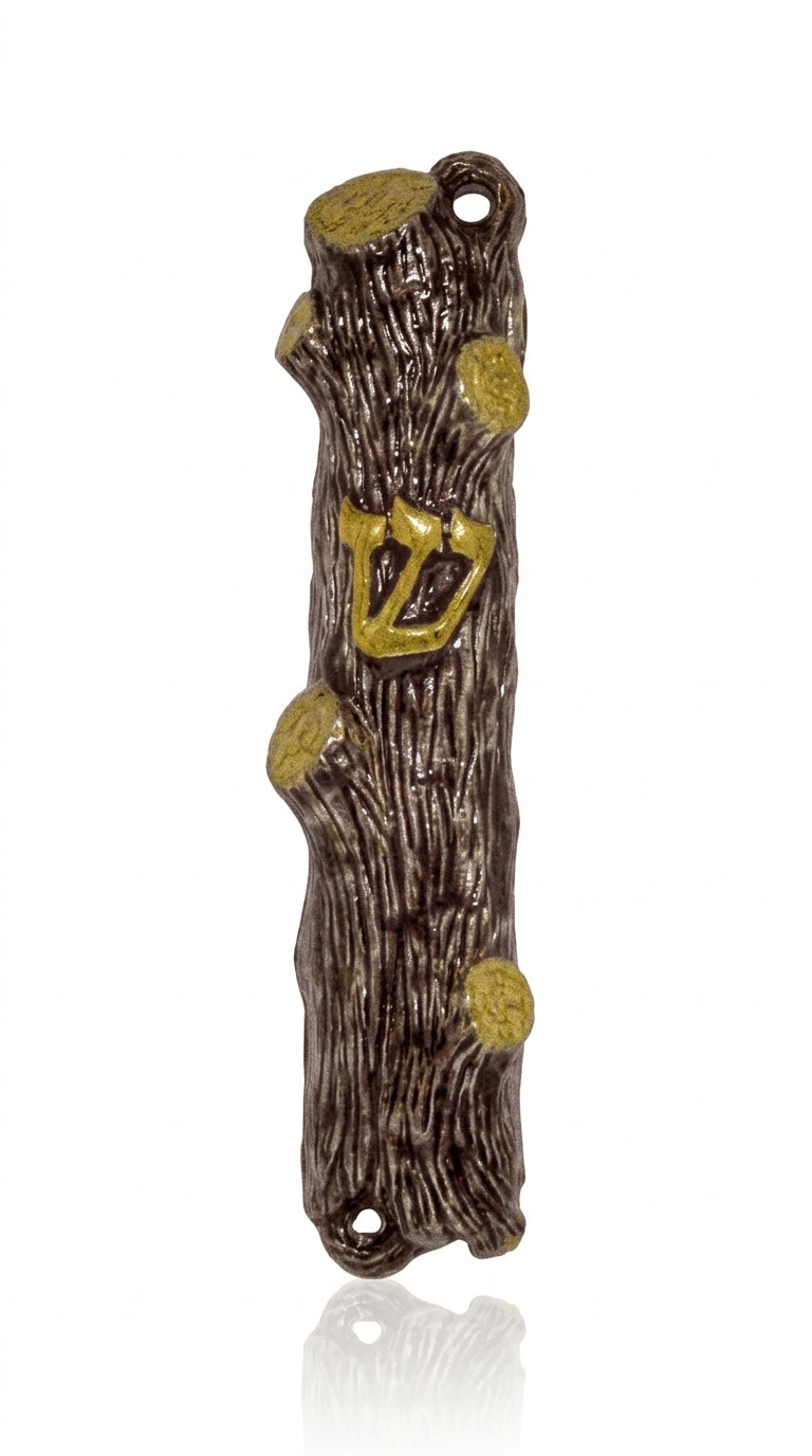 Elegant gold and light brown lacquered pewter mezuzah with seasonal design, suitable for cabins or summer homes, measuring 6 1/4 inches tall.