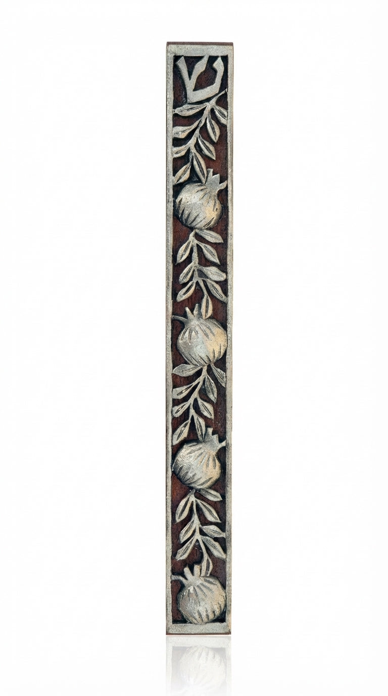 Large hand-crafted mahogany and pewter pomegranate mezuzah, 10 1/4 inches tall, with detailed Hebrew engraving and decorative motifs.