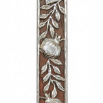 Handcrafted mahogany and pewter mezuzah with pomegranate design, perfect for Jewish home doorways, shown on a white studio background with subtle reflection.