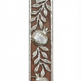 Handcrafted mahogany and pewter mezuzah with pomegranate design, perfect for Jewish home doorways, shown on a white studio background with subtle reflection.