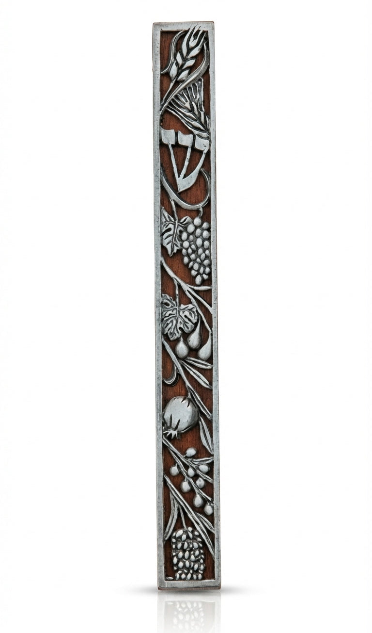 Large hand-crafted mahogany and pewter Mezuzah featuring the seven species of the holy land, designed for elegant home decoration and religious tradition.