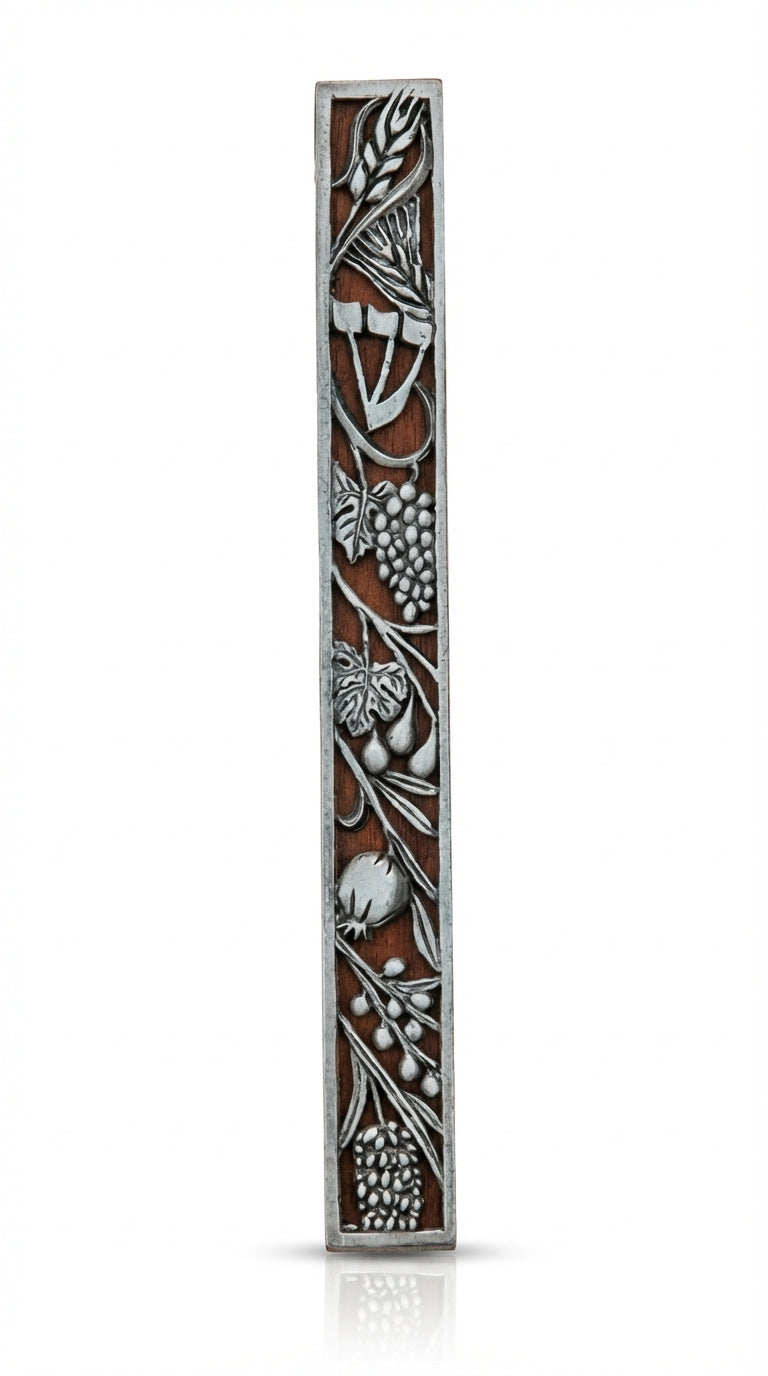 Large hand-crafted mahogany and pewter Mezuzah featuring the seven species of the holy land, designed for elegant home decoration and religious tradition.