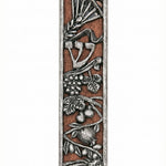 Rustic seven species mezuzah made of wood and pewter with detailed engravings, suitable for mounting on home doors in a bright studio setting.