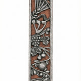 Rustic seven species mezuzah made of wood and pewter with detailed engravings, suitable for mounting on home doors in a bright studio setting.