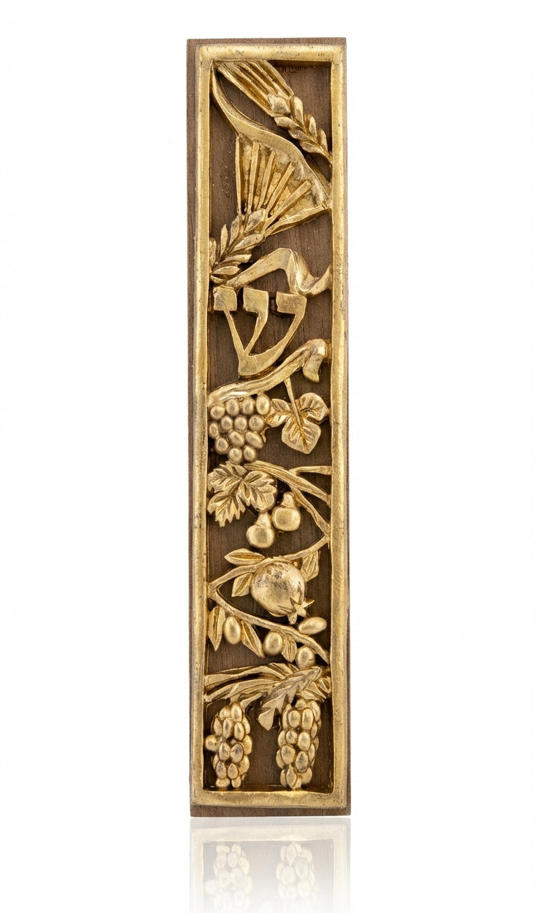 Rustic gold mezuzah made of wood and pewter with detailed Hebrew engravings, designed for home doorpost decoration.