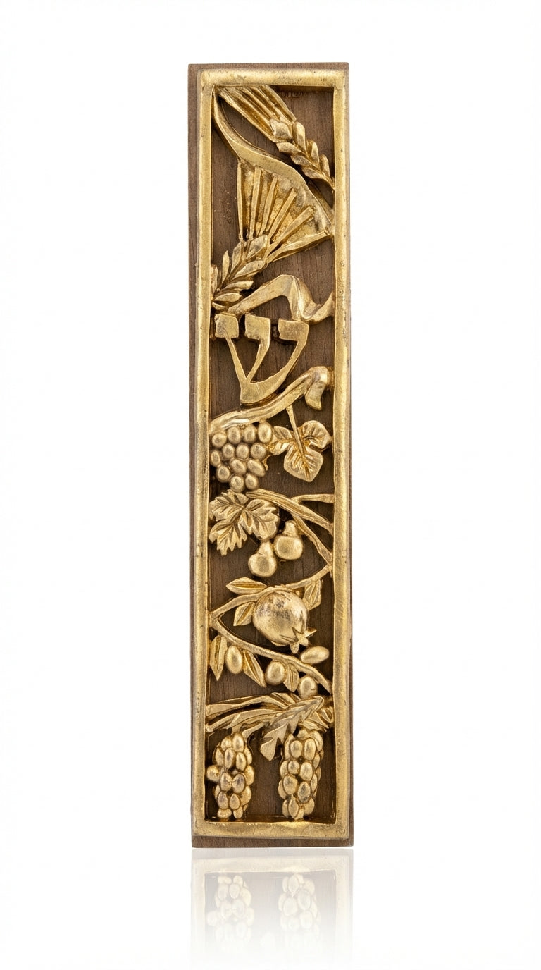 Rustic gold mezuzah made of wood and pewter with detailed Hebrew engravings, designed for home doorpost decoration.