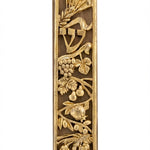 Rustic gold mezuzah made of wood and pewter with detailed Hebrew engravings, designed for home doorpost decoration.